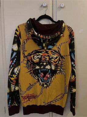 Ed Hardy Yellow Graphic Tiger Crewneck Hoodie with Multicolor Accents